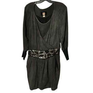 Vtg BOSS ORANGE goth metallic,mesh,chains,faux wrap,surplice,dress,flaw pinhole